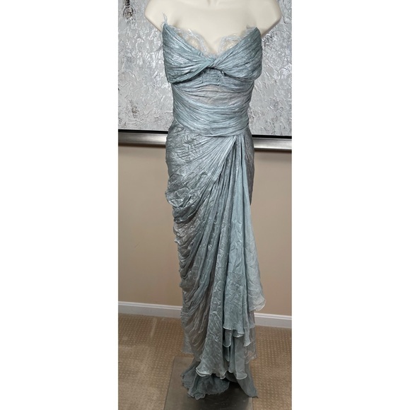MARIA LUCIA HOHAN Jolie Strapless Lace Ruched Draped Silk Blue Maxi Dress Sz 2 - Picture 2 of 14